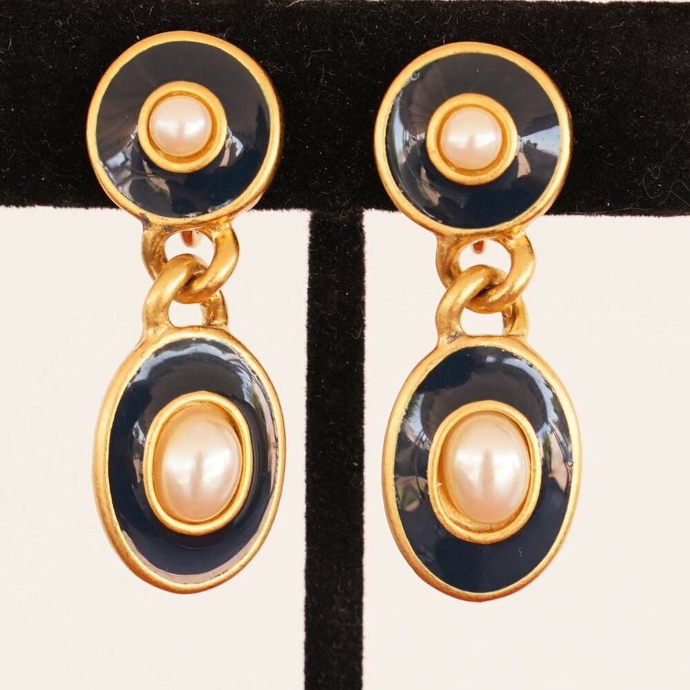 Vintage Gold Black Enamel Pearl Drop Clip On Earrings